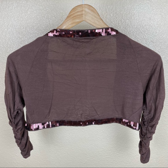 Rampage | Vintage Y2K Sequin Brown Rouched 3/4 Sleeve Crop Bolero Shrug Cardigan - Picture 3 of 8